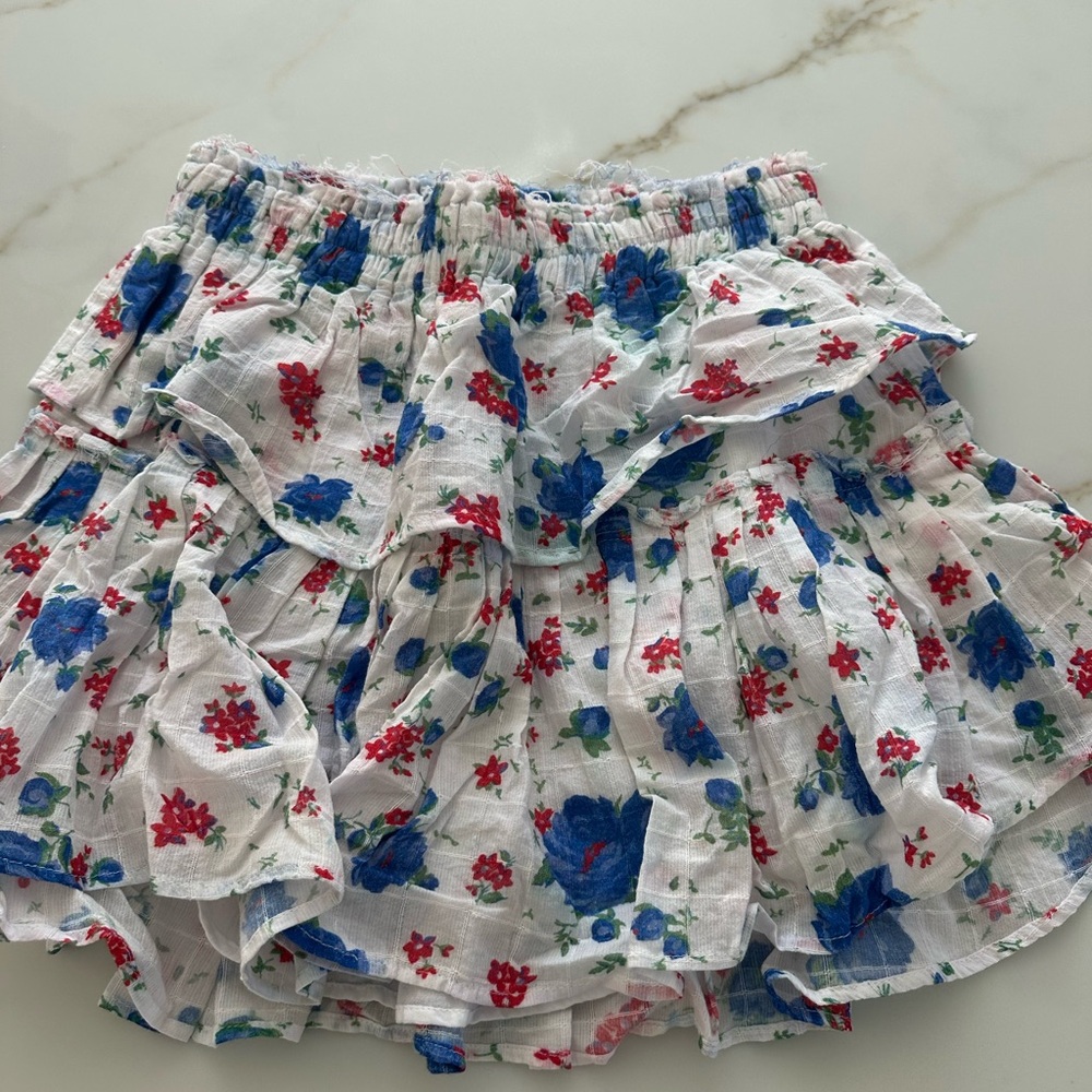 LoveShackFancy Ruffled Blue and Red Mini Skirt
